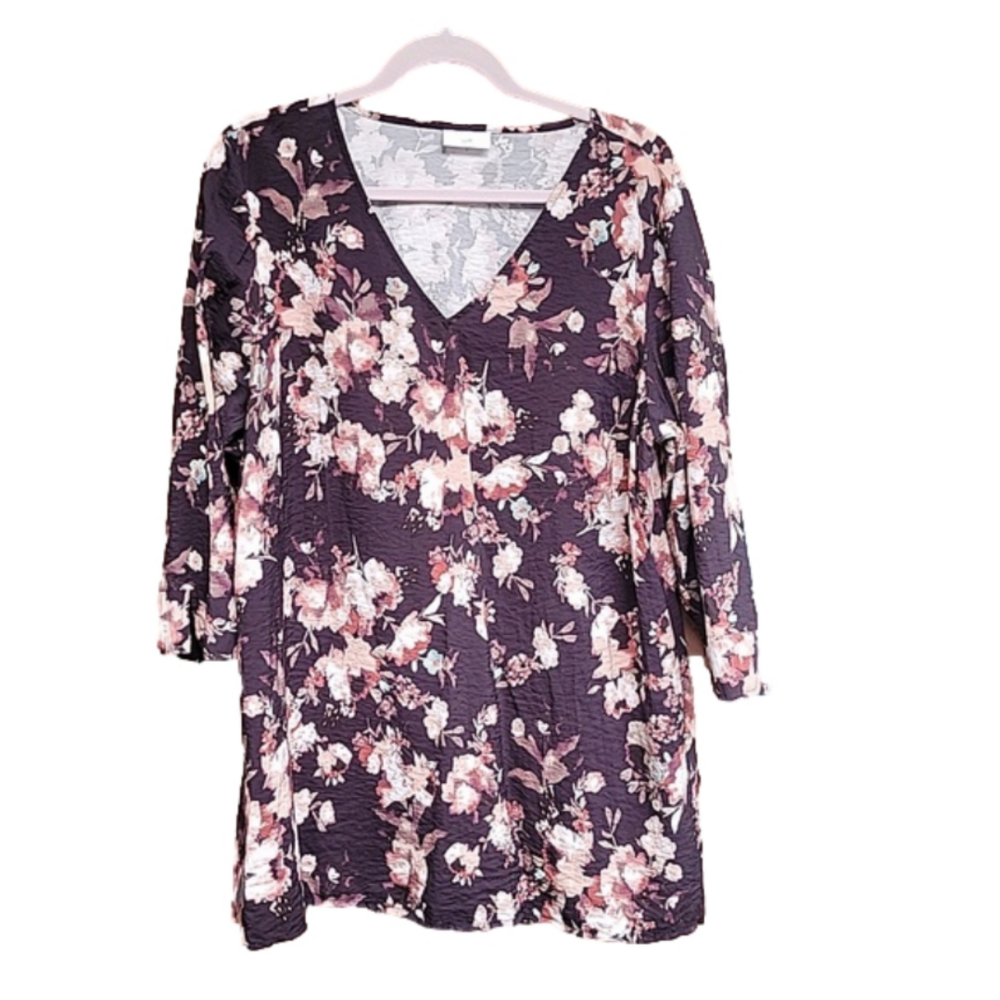 J. JILL floral tunic, deep brown with peachy pink flowers, Size Lg